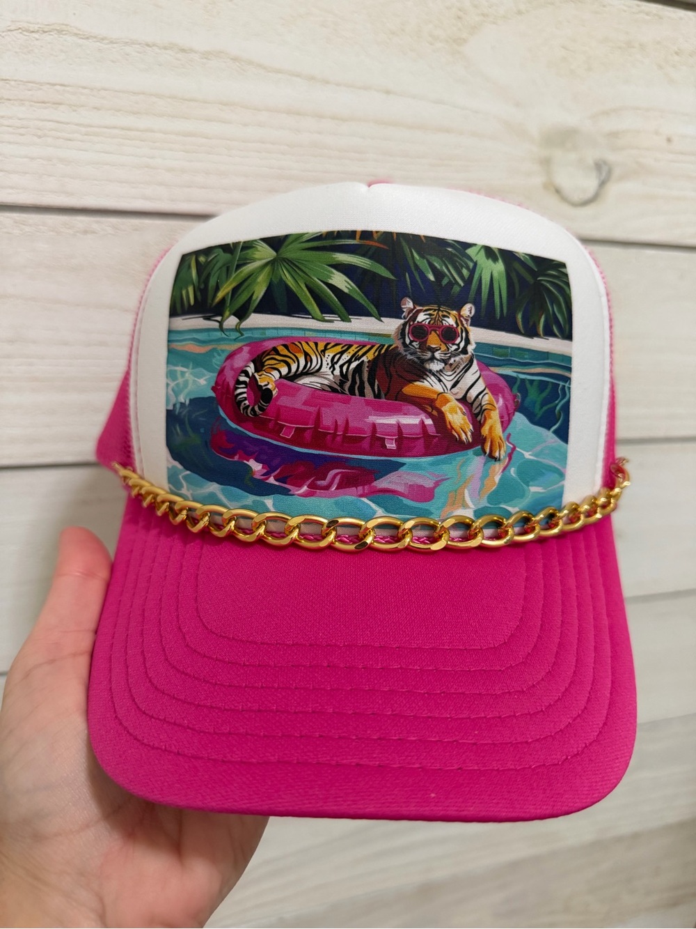 Pink Trucker Hat with Tiger Float Graphic and Gold Chain